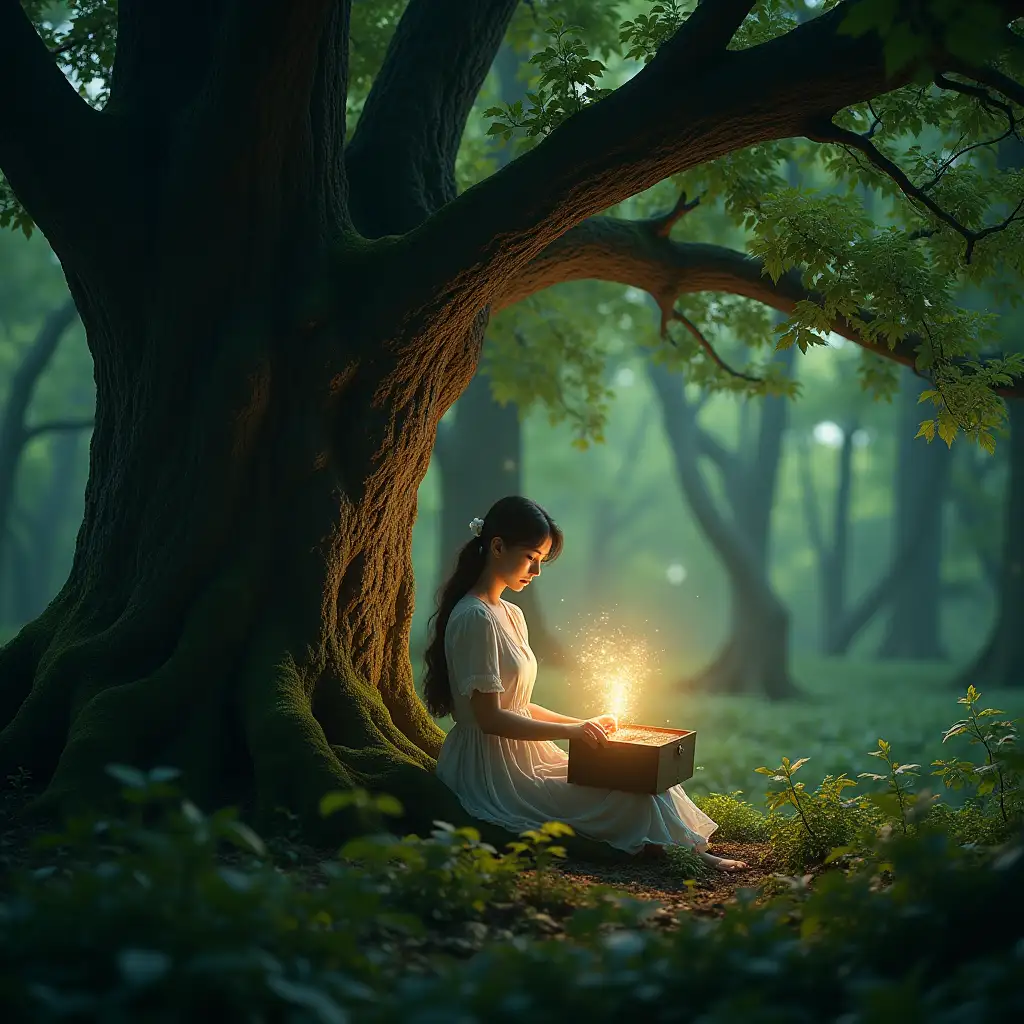 Young-Woman-Opening-Mystical-Box-Under-Lush-Tree-in-Enchanted-Forest