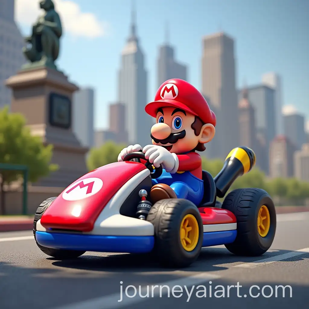 Mario-Kart-Racing-Team-Led-by-Statue-in-City-Background