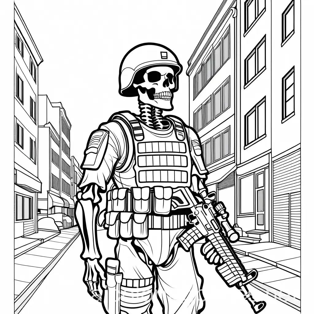 Skeleton-Soldier-in-Army-Helmet-Walking-Down-a-Street-Coloring-Page