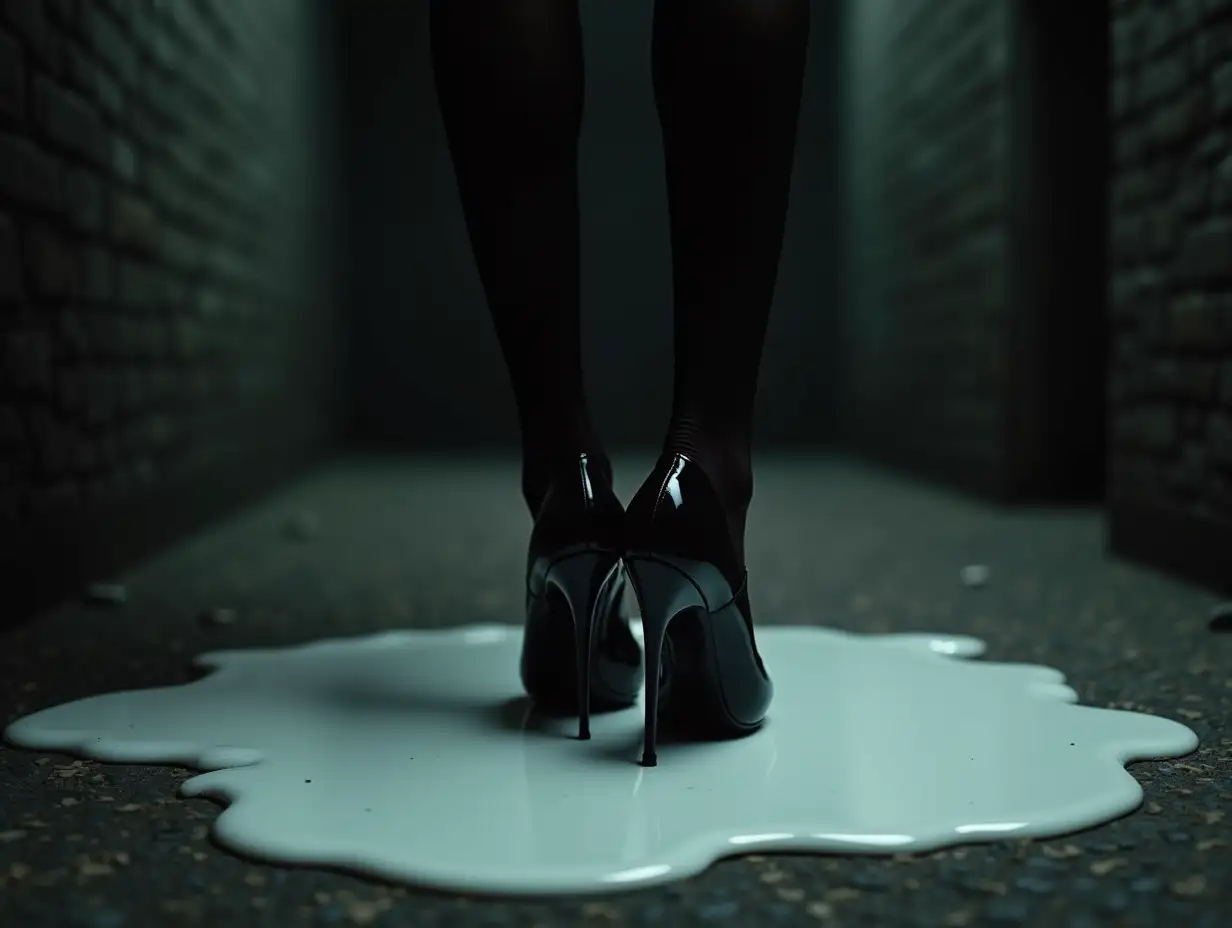 Black-Woman-Stepping-in-Puddle-of-White-Poison-with-Stiletto-High-Heels