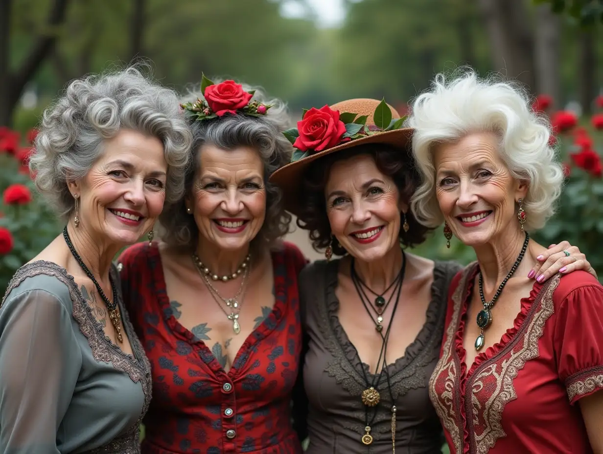 Four 80-year-olds, with round, rusty and white hair, wearing a blouse in red and gray, a slight smile on their face, tattoos, with a retro mini hat with flowers, red lipstick that accentuates their smile, modern jewelry and more, in a park with many roses Steampunk 8k quality