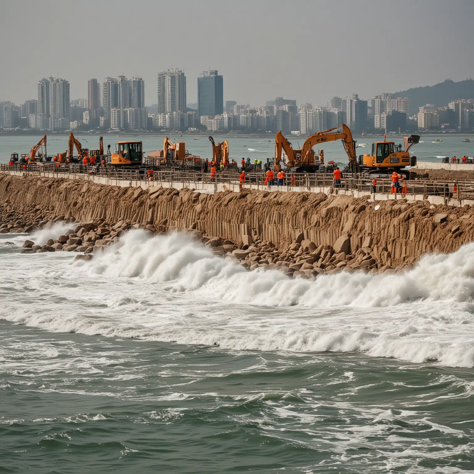 Xiamen coastline, waves, sea wall under construction, busy workers