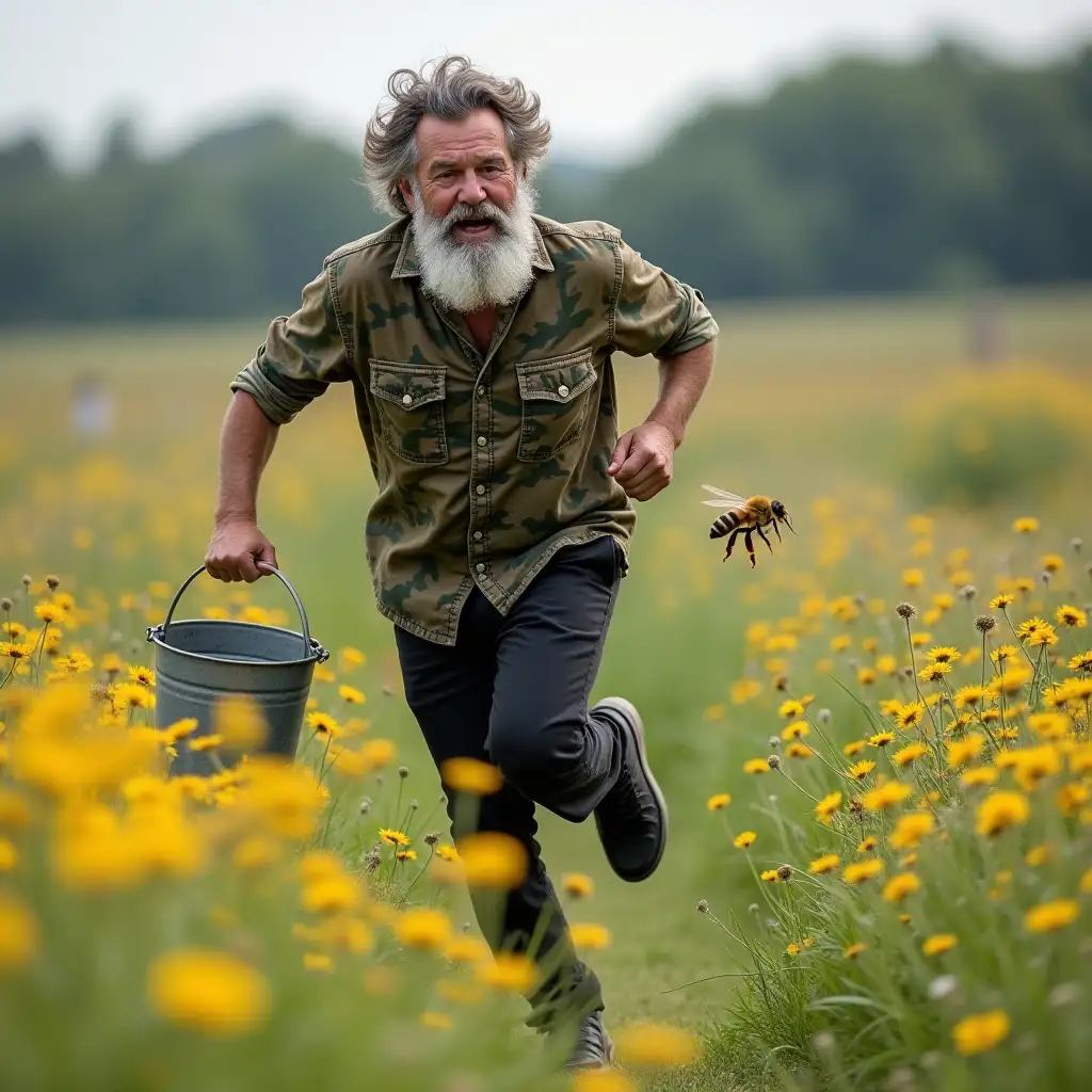 A fifty-year-old man, bearded, curly and gray, dressed in a camouflage shirt, black pants and black shoes, with a galvanized bucket in his left hand, runs across a flowering meadow after a chubby, funny bee, which quickly flies away from him, covering its frightened muzzle. Photography.