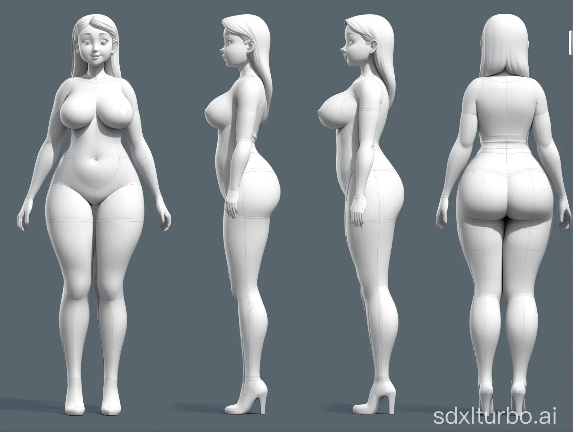 3D-Modeling-Charakter-Sheet-Curvy-Cartoon-Character-in-A-Pose-with-Front-and-Side-Views