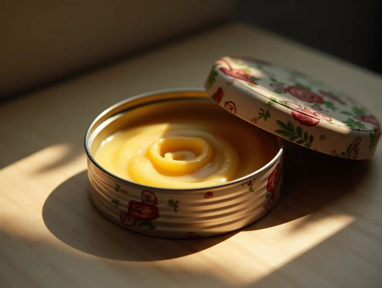 Sealed metal can of pate. On the side of the can you can see an image of an appetizing plump mouse. A beam of light falls on the can, and there are light reflections on the can.