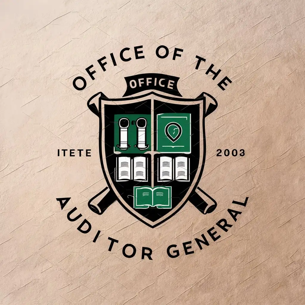 a vector logo design,with the text "office of the auditor general", main symbol:antique war shield,crest,style design,annulet scrolls and books,green black white colors,Moderate,be used in Finance industry,clear background