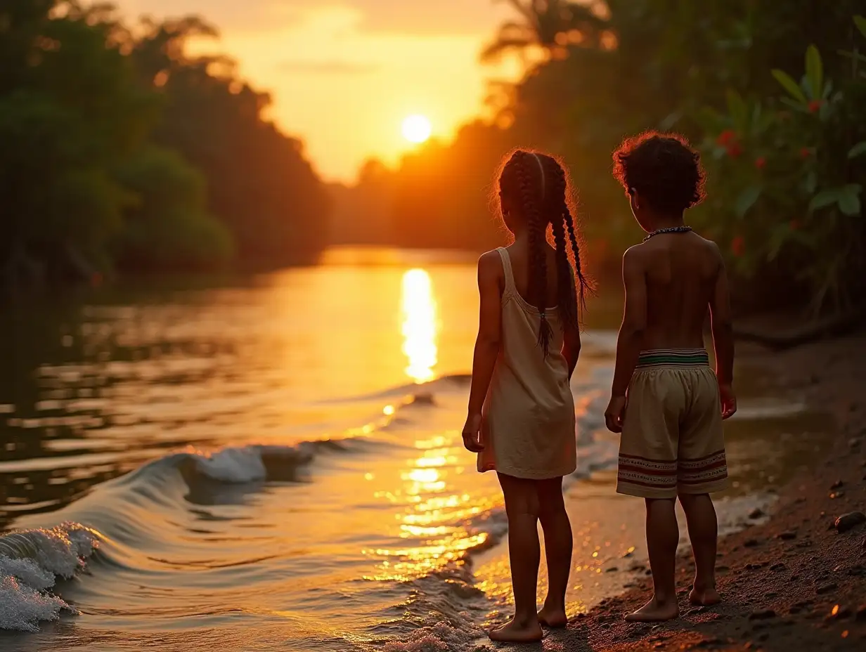 A cinematic view of the Pantanal river at sunset, with water shining in golden and orange tones. Two Brazilian indigenous children are on the banks: Yara, a girl with long braided hair, wears a simple beige tunic, and Cauã, a boy with short hair, wears beige shorts with a colorful band. Both look intrigued at the river, where small waves start to appear. The vegetation around is dense and tropical, creating a serene and magical environment.