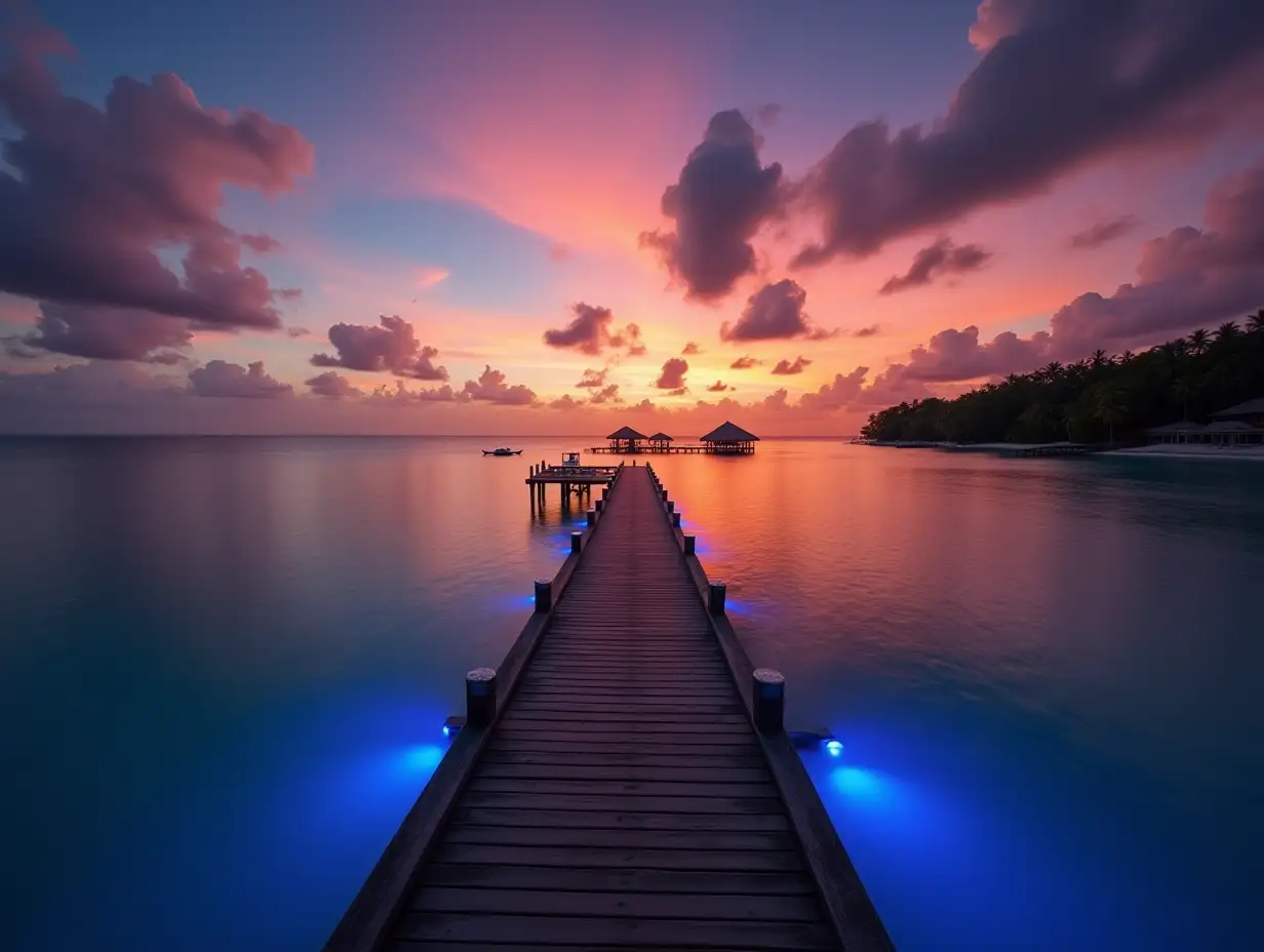 amazing sunset panorama at maldives luxury resort pier pathway soft led lights into paradise island beautiful evening sky and colorful clouds romantic beach background for honeymoon vacation