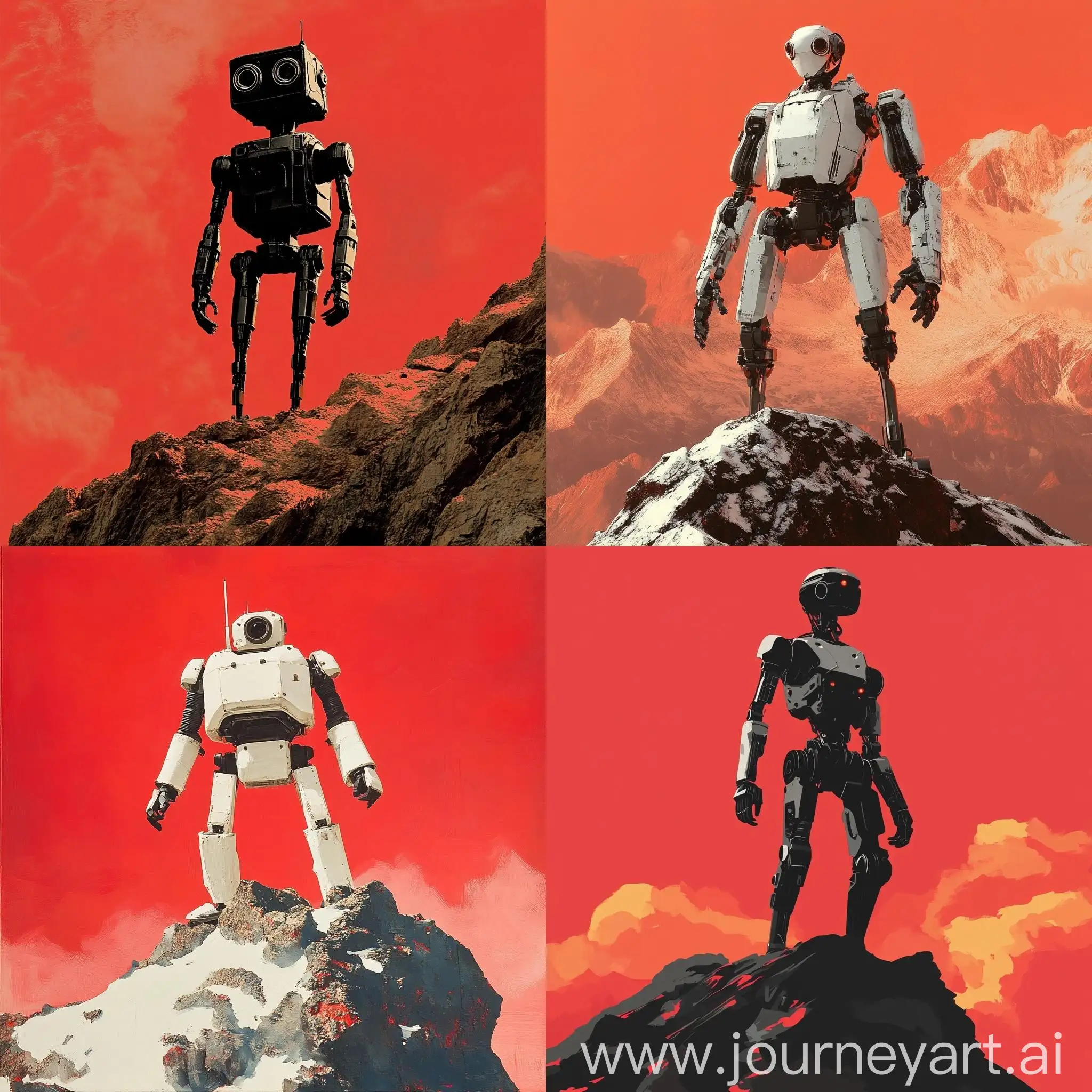 Robot-Standing-on-Mountain-with-Red-Background