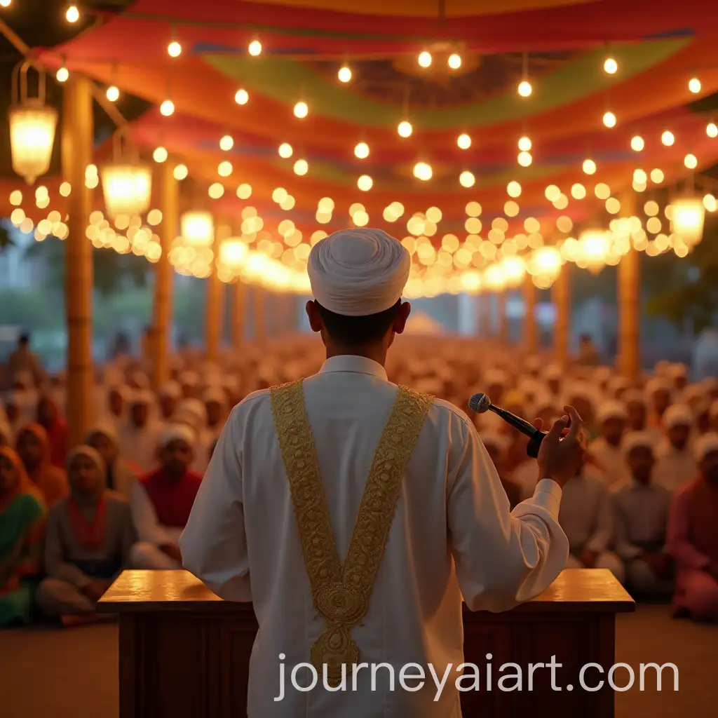 Bangladeshi-Islamic-Scholar-Speaking-at-a-Mahfil-with-Colorful-Canopy-and-Lanterns
