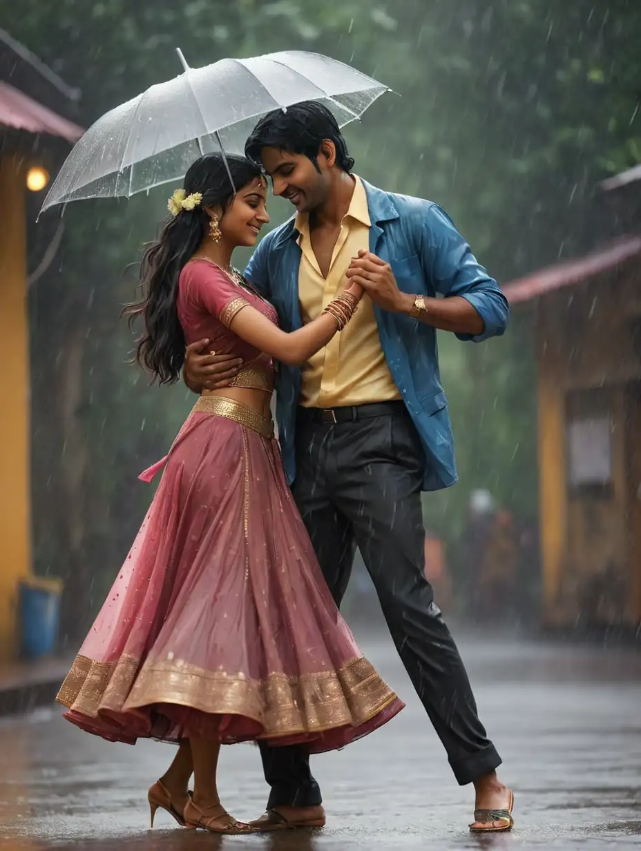 Indian romantic Couple dancing in rain 