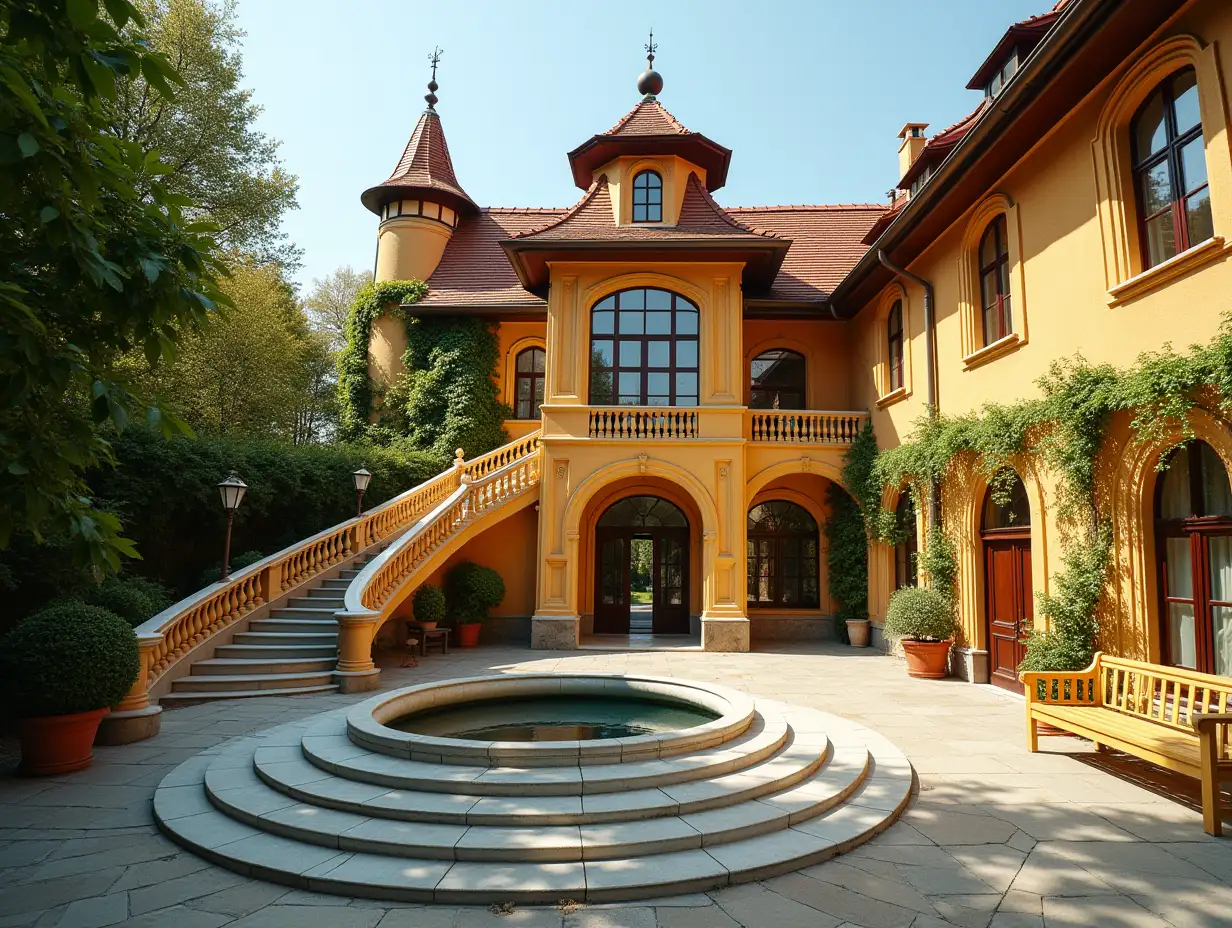 Krummhaus, Garten Gepflanzt-rein, with gilded stucco, large windows with glass closed, curved, smooth window shapes, winding grand entrance staircase from marble, complex angular roof with pond, lanterns, gold bench, orange tree 4K resolution color wide-angle shots