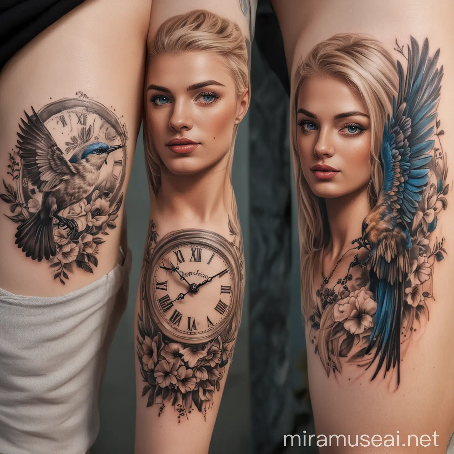 Realistic Tattoo Artist from Russia Tattooing Woman with Bird and Clock Design