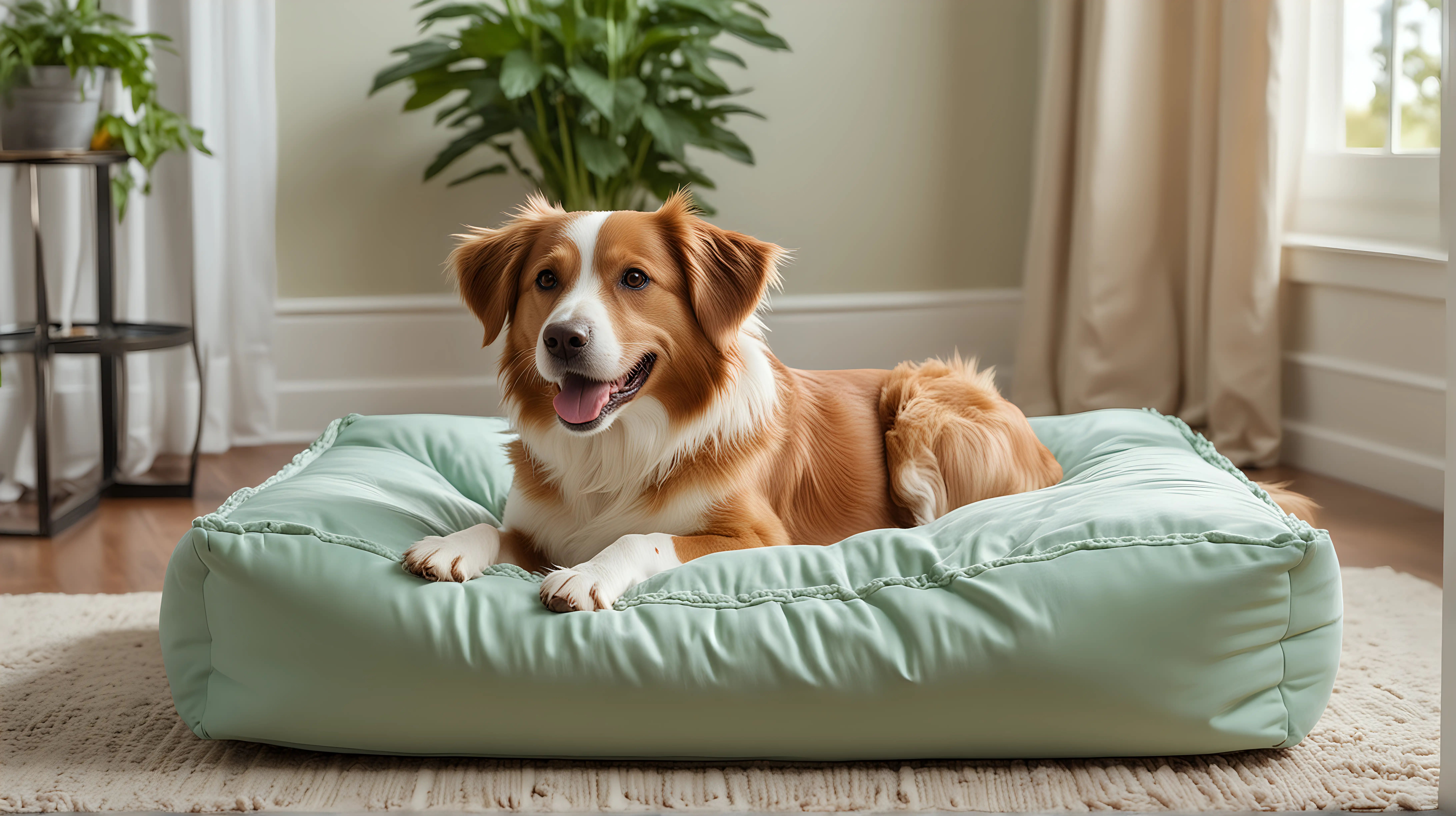 Happy Dog Relaxing on Luxurious Dog Bed in Elegant Home Setting