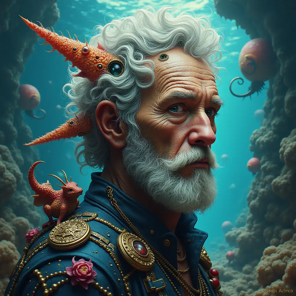 ultradetailed hyperrealistic portrait Multiverse time traveler with various strange beings in the elaborately detailed, colorful sea background