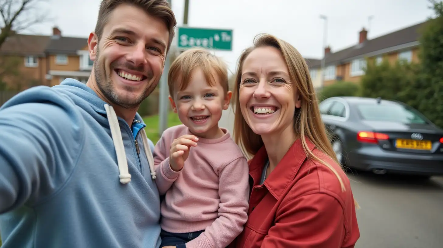 show a social media selfie with a street sign, a car with number plates and a house in the background. One person is holding a smiling child in their arm