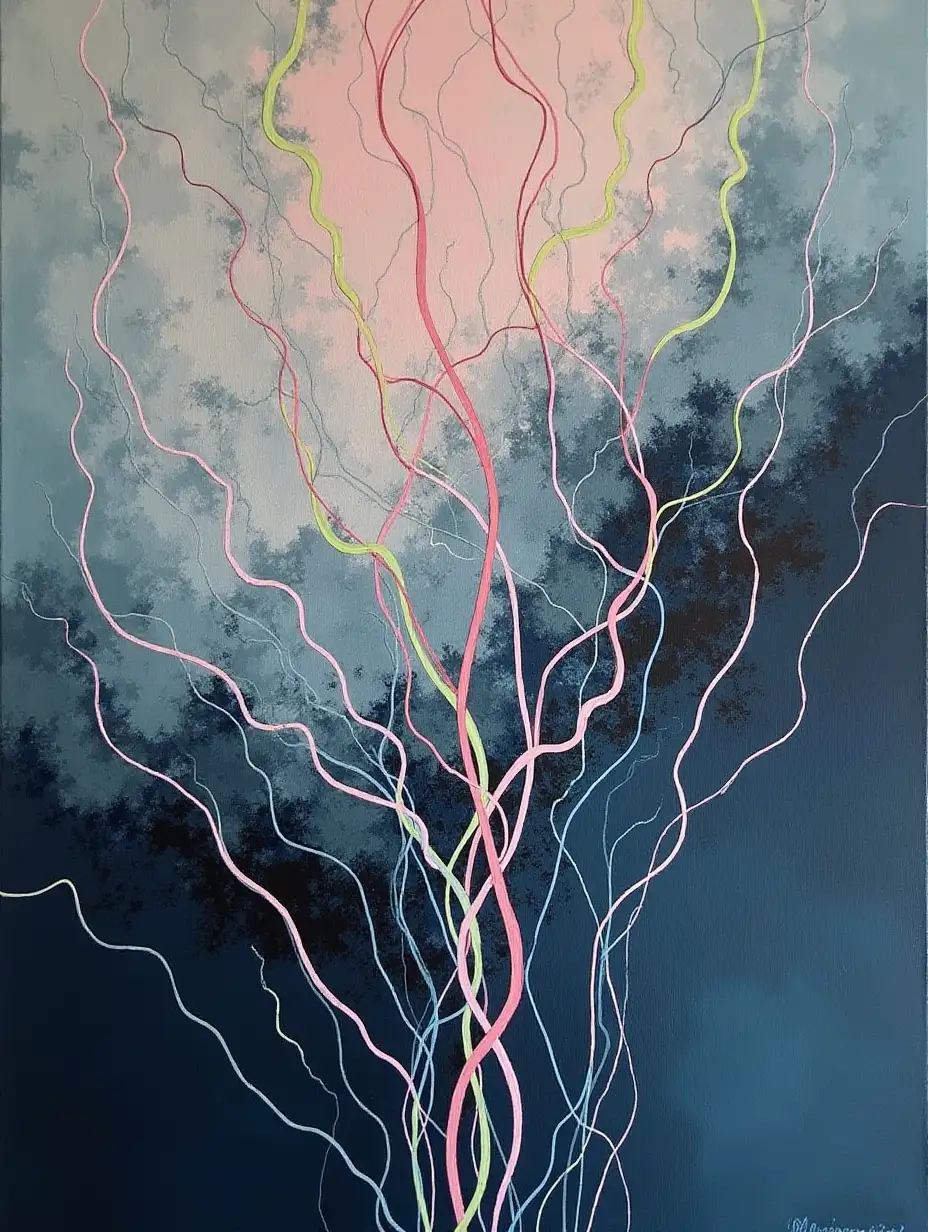 Create an abstract painting with textured, layered charcoal gray and navy blue brushstrokes as the backdrop, overlaid with continuous line art in pastel pink, pale green, and sky blue. The line art should resemble interconnected vines and roots, creating a surreal, otherworldly growth pattern.