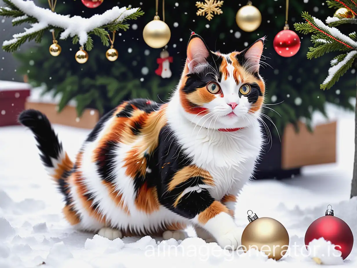 a calico cat playing with christmas decorations outside in the snow in front of a christmas tree