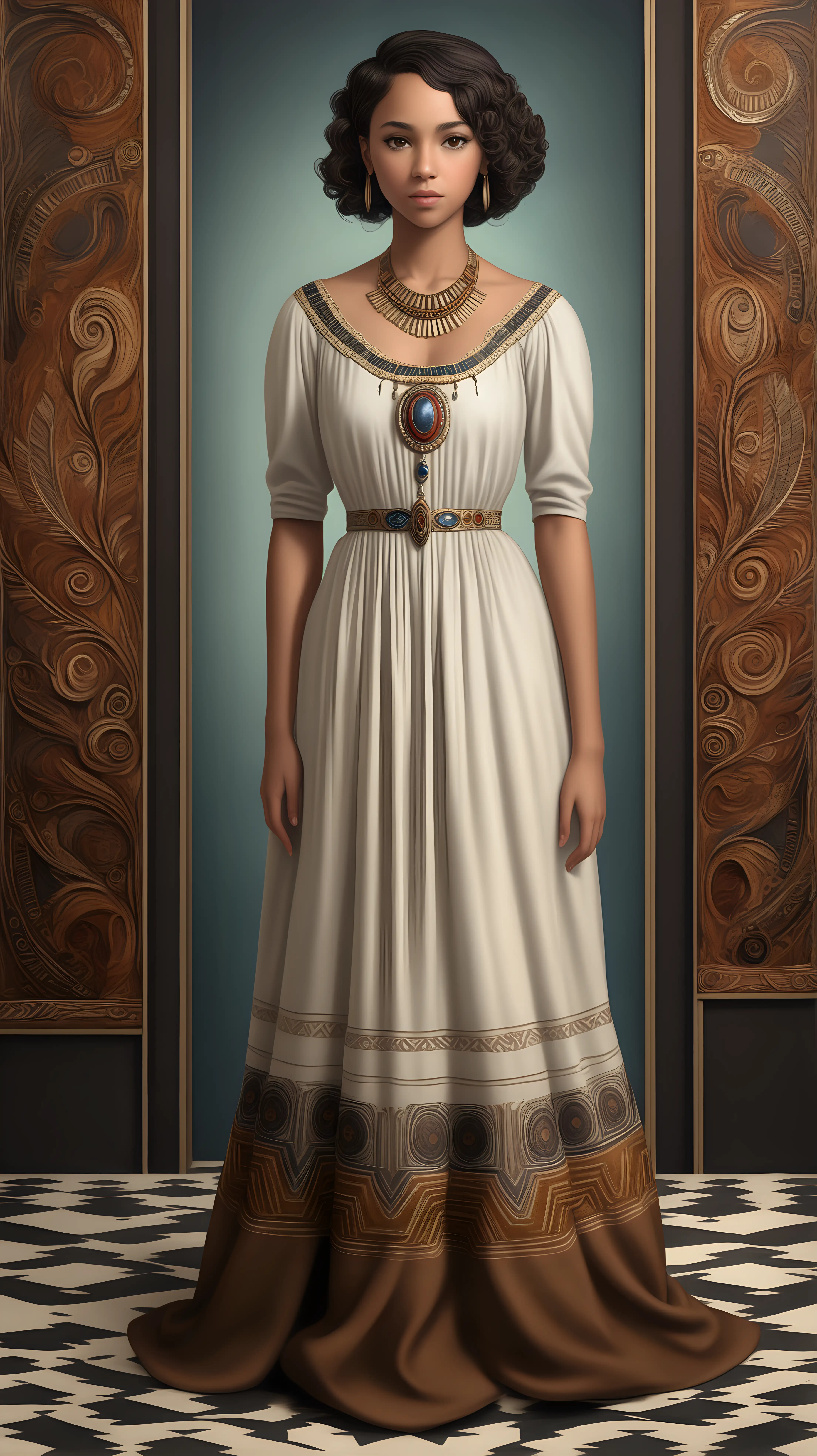 a hyperrealistic picture of a beautiful young mixed race woman of 50%Latina, 30%African and 20%German origins with dark-brunette 50's haircut with a feather, hazel eyes, medium brown skin, wearing modest wide 19th century American long dress  with a mix of Native-American, Latin-American and art-deco ornamentation and necklace, walking elegantly, looking sensual into the camera, hyperrealistic,(full body)