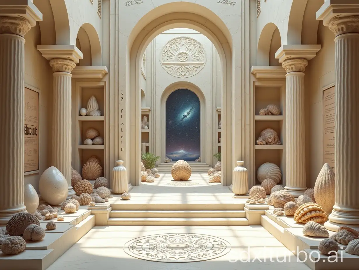 a carved white stone hall with  formulas on the walls, carved pillars altar with mandalas, many glassy polyhedra on shelves, spiraling seashells, papers and posters with mandalas et formulas, pictures of fractals, galaxie and starry sky in the background, off white and warm colors, high precision, low saturation