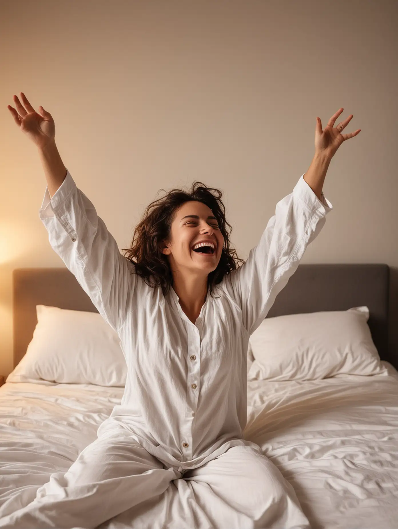 A person wakes up energetically at dawn, getting out of bed with a smile and energy.