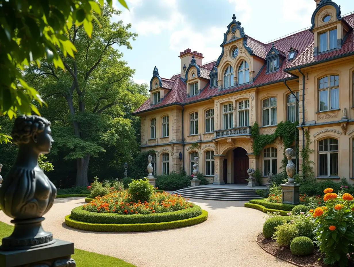 crooked Palace Garden statues Bepflanzung-mit silber with schwarzn Stuck,Pflanzenschmuck, large windows with Glas zu, curved, smooth window shapes, winding big entrance stairs from Marmor Komplex sloping roof with Deich,Laternen,Bank Orangenbaum 4K-Auflösung Colorful superWeitwinkel Aufnahmen