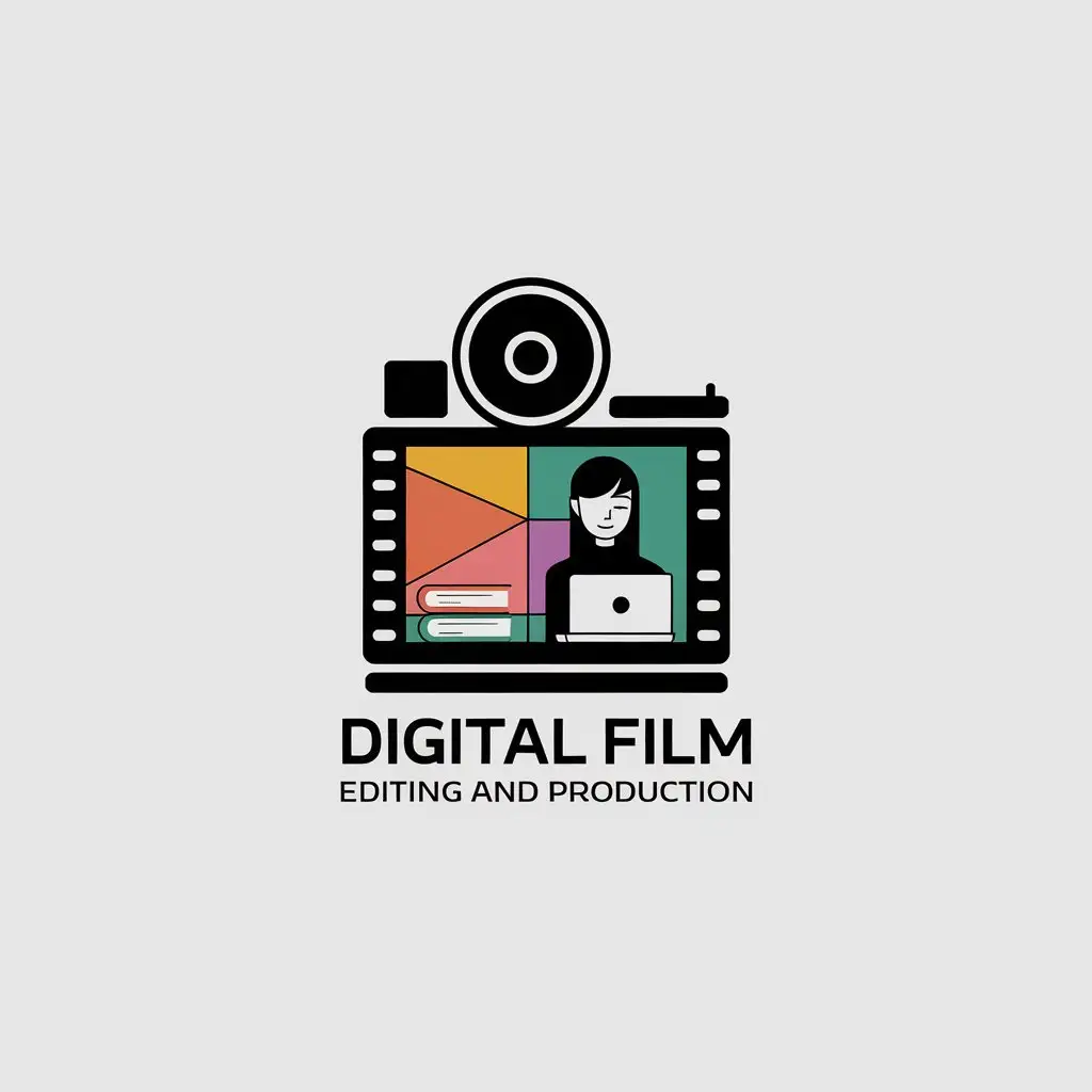 LOGO-Design-for-Digital-Film-Editing-and-Production-Minimalistic-Camera-with-Asian-Female-Teacher-and-Books