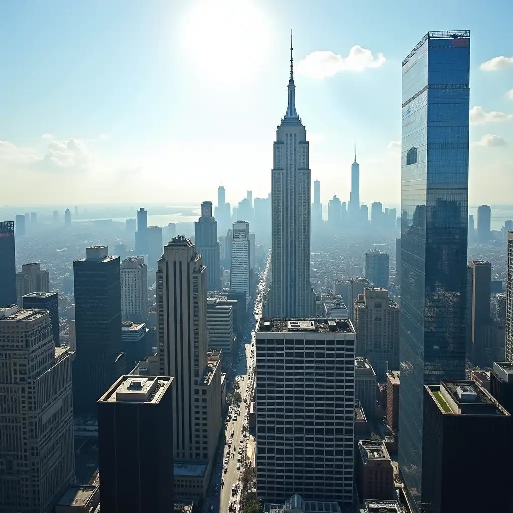  Skyscrapers of a big city, view from above, sunny day.