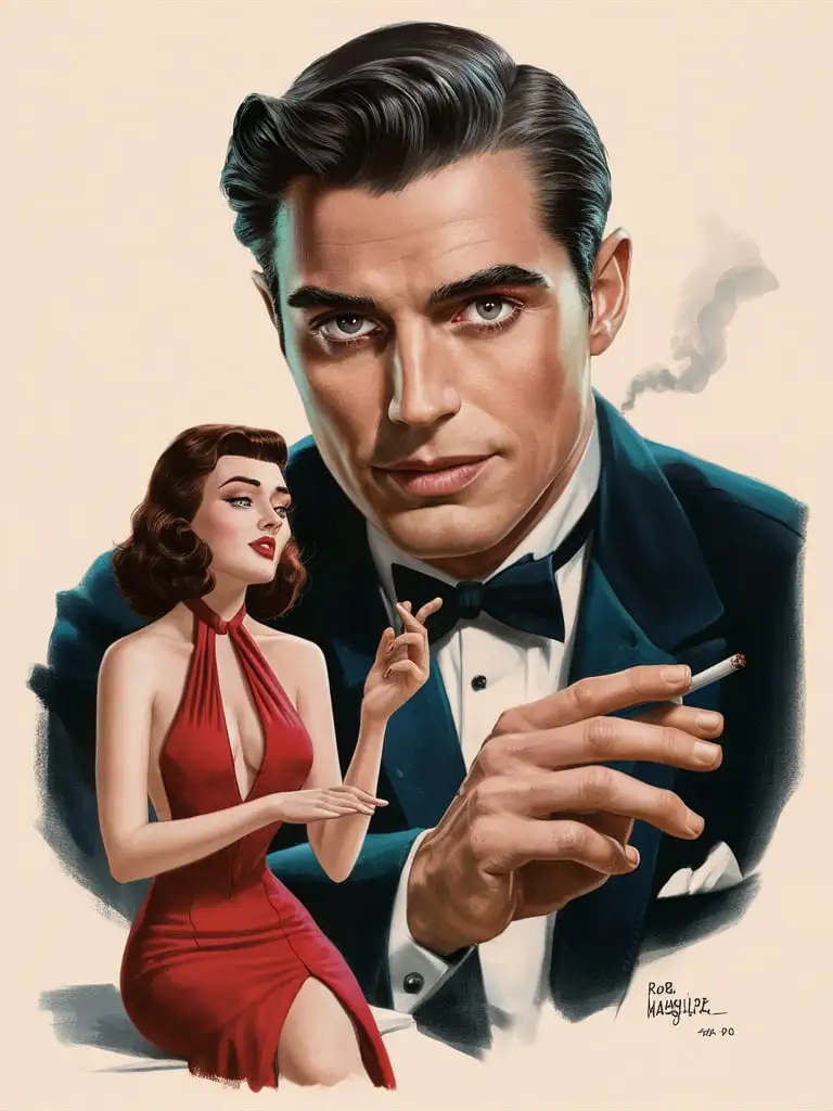 1940s Retro Glamor Suave Man in Tuxedo and Brunette Woman in Red Dress