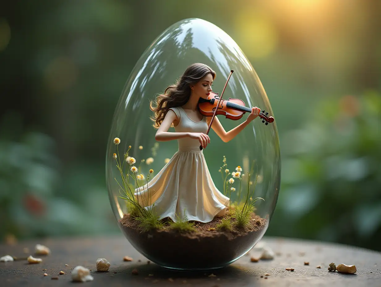 Create for me a glass egg with a woman inside playing a violin