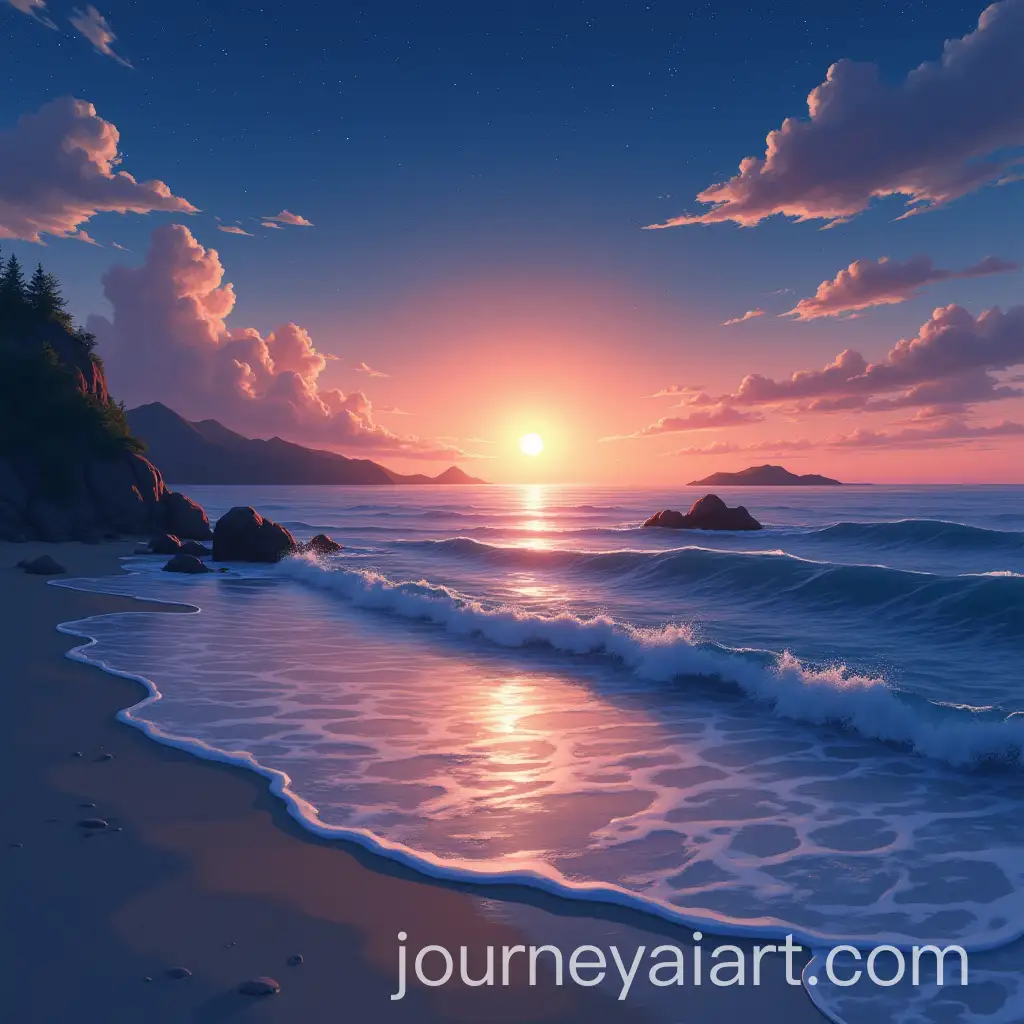 Serene-Twilight-Beach-Landscape-with-Distant-Islands-and-Stars-in-4K