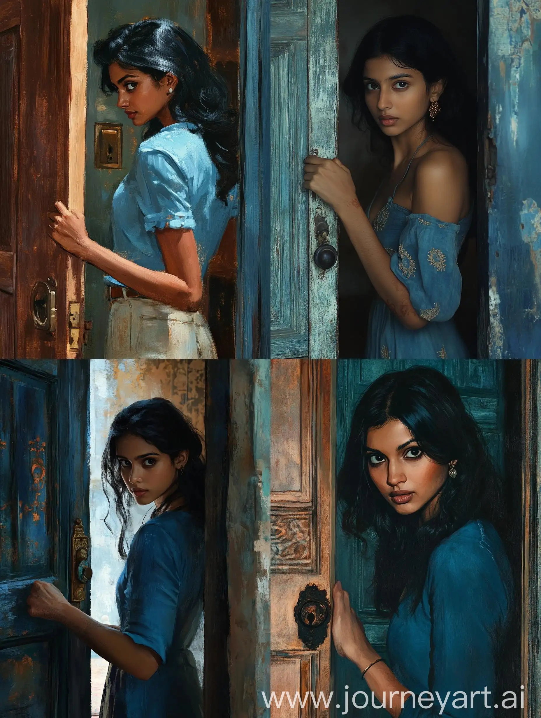 Curious-Young-Indian-Woman-Opening-Door-in-Blue-Shirt