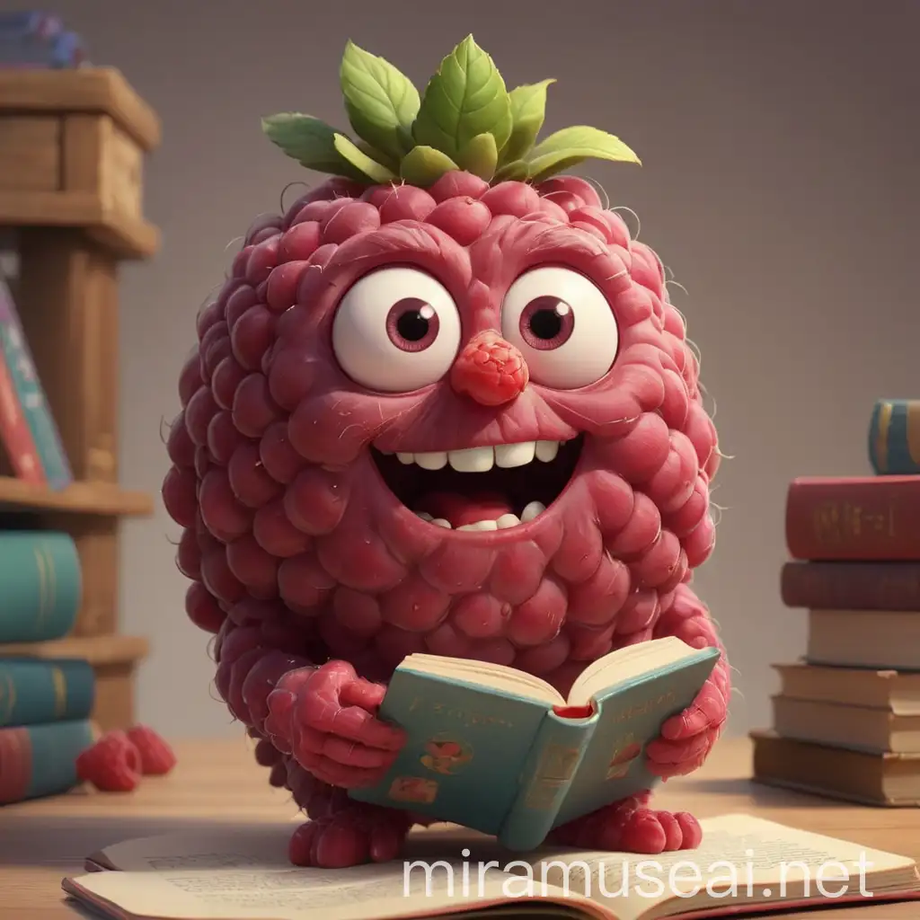 Adorable Raspberry Character Reading a Book in Pixar 2D Style