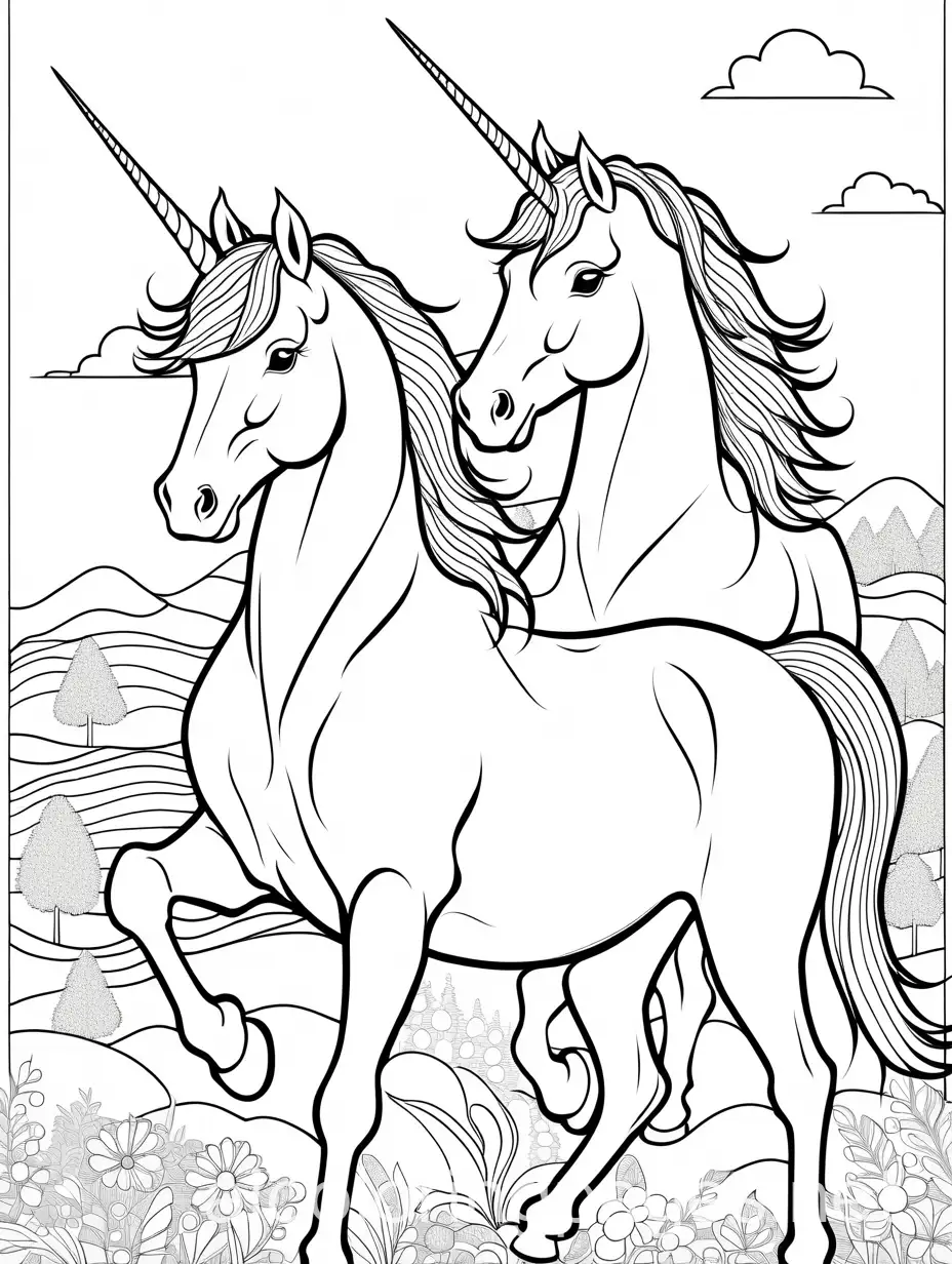 unicorns, Coloring Page, black and white, line art, white background, Simplicity, Ample White Space. The background of the coloring page is plain white to make it easy for young children to color within the lines. The outlines of all the subjects are easy to distinguish, making it simple for kids to color without too much difficulty