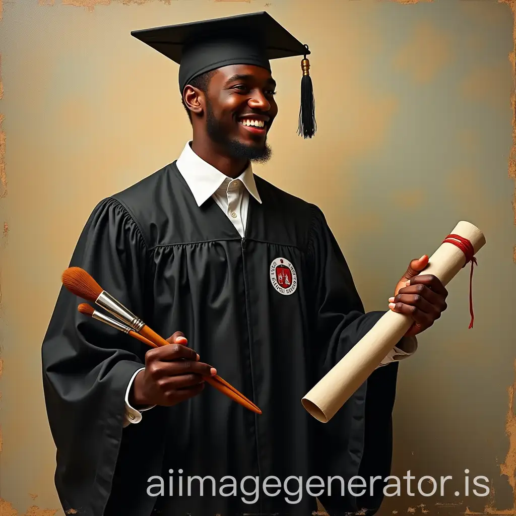 Ivorian-Student-in-Black-Toga-HoldingAI-Image-Prompt-Expansion-Brushes-and-Diploma-with-INSAAC-Logo