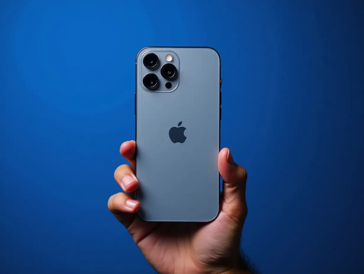 Paris, France - Sep 8, 2024 Vertical shot of a male hand holding the iPhone 16 Pro Max with a blue background, showcasing the introduction from Apple latest keynote.