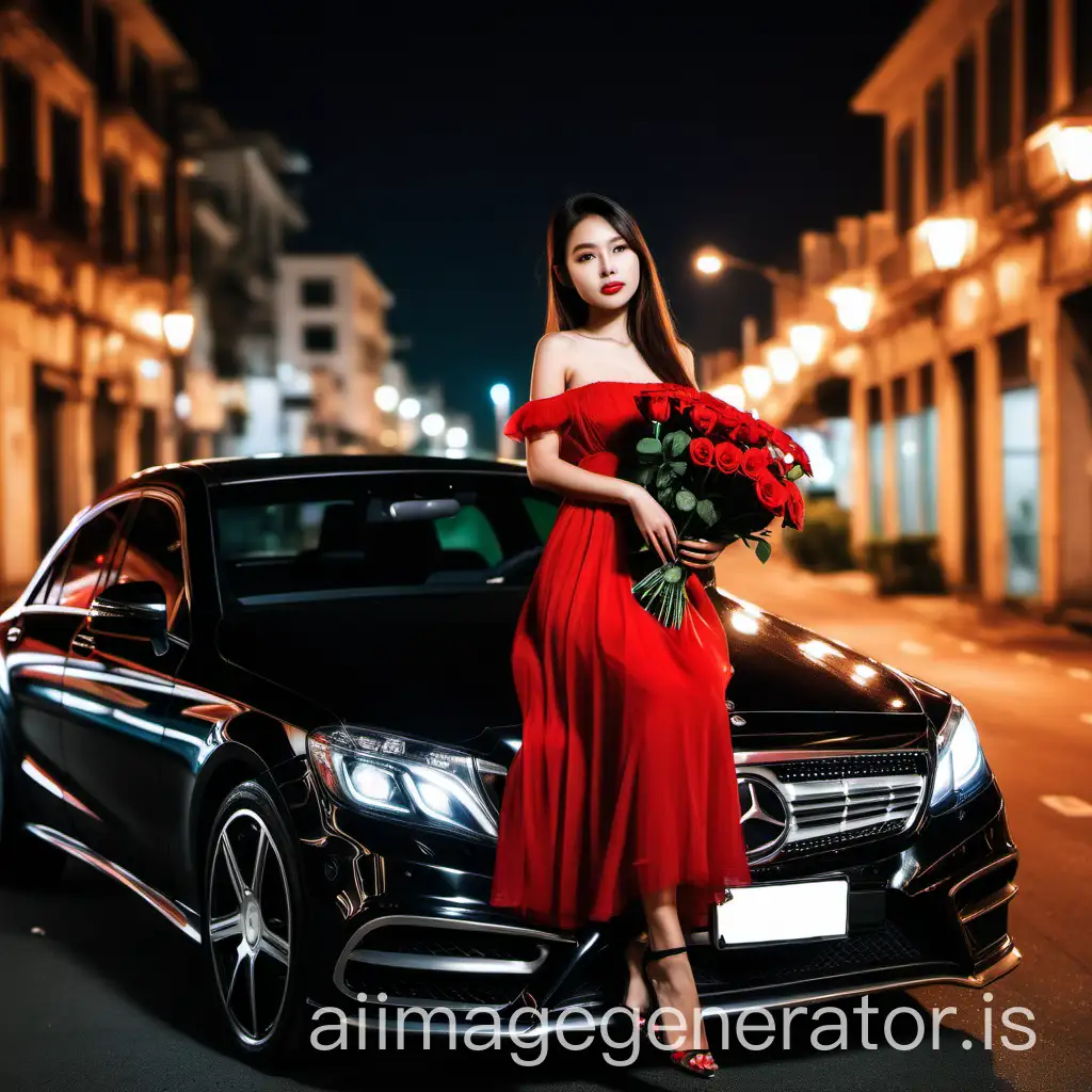 Elegant-Asian-Model-Holding-Roses-in-Red-Dress-Beside-Black-Mercedes-Benz-in-City-Night