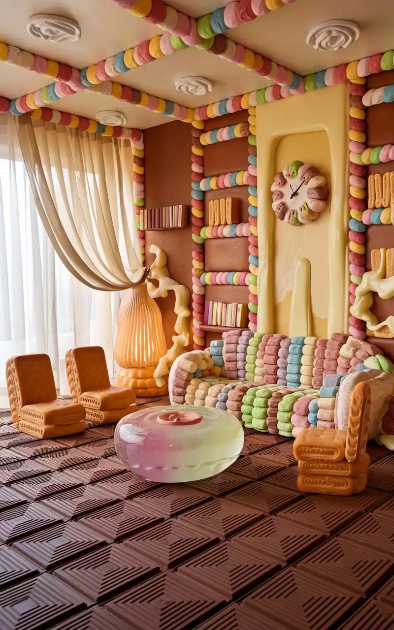 Interior scene of a house made of bread and dessert. The living room has a cozy sofa made of a large, squishy marshmallow with a lot of marshmallow features, next to a round coffee table made of translucent jelly, and chairs made of sandwich cookies. The candy walls were decorated with colorful fudge patterns, only a clock made of cake hung on the wall, and the floor was covered with large rectangular chocolate floors with some texture. The curtains made of hawthorn roll let in natural light softly. The bookshelf is made of rectangular biscuits, and there are several jelly-shaped books on the bookshelf, and the crisp-tube lamp is next to the sofa. There are a few bookcases made of marshmallow, flowing a little cream, the room is full of sweet atmosphere, the overall style is full of Tong Qu and fantasy.