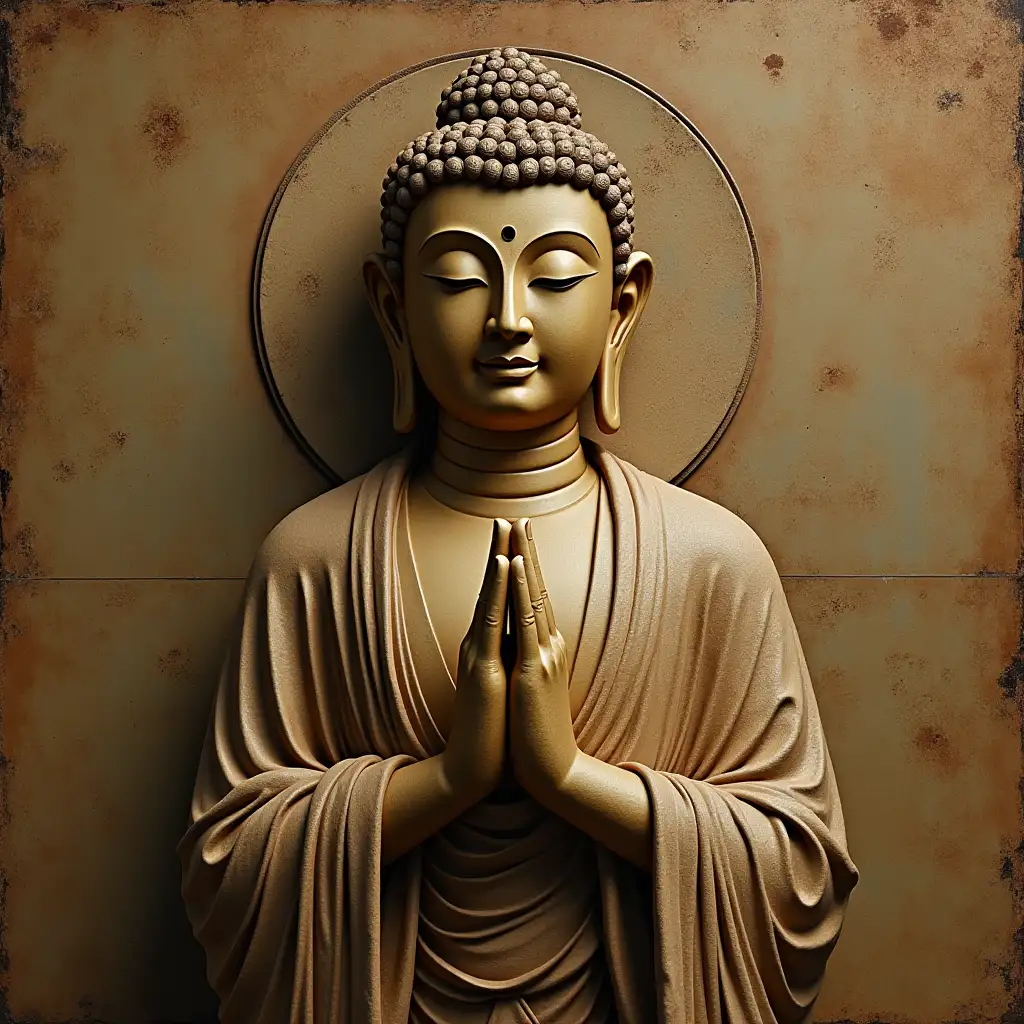 user_prompt: putting hands together in an extremely old image of Buddha