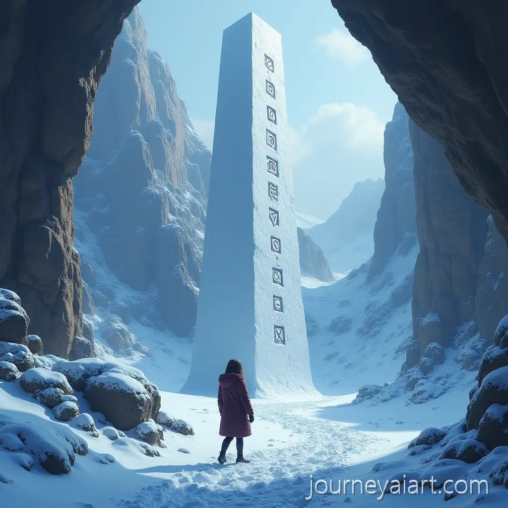 Girl-Reaching-for-Ancient-Obelisk-in-Snowy-Mountain-Gorge-with-Runes