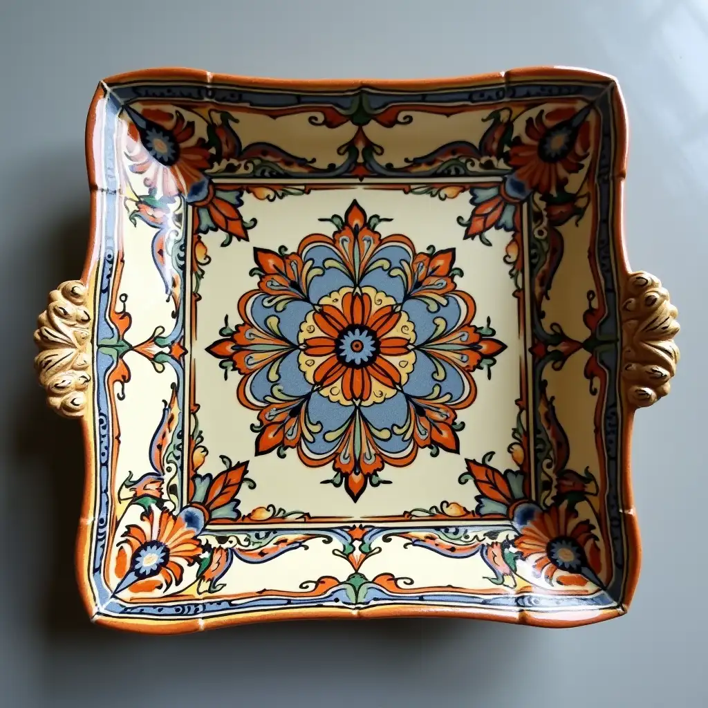 Square with rounded corners ceramic serving dish with embossed beautiful handle, antique and old, Qajar art, Iranian Tabriz carpet design