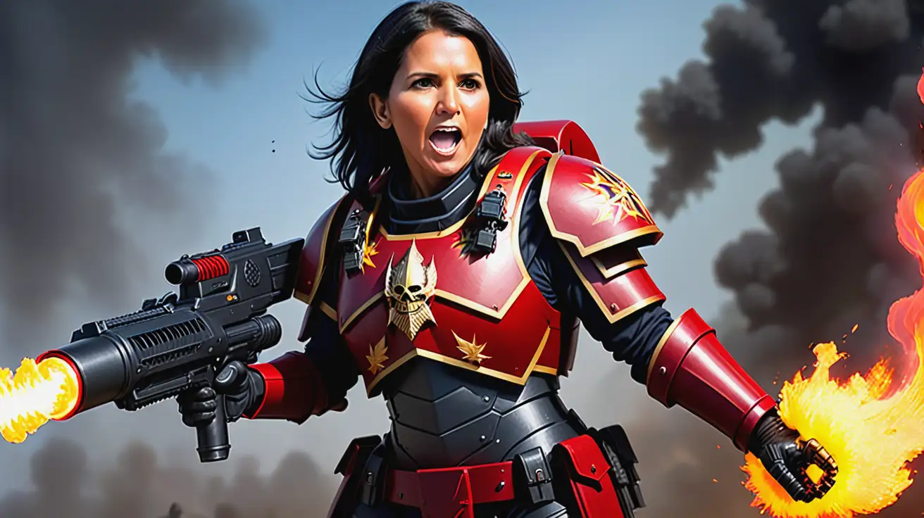 Tulsi-Gabbard-in-Sisters-of-Battle-Armor-from-Warhammer-40k-Wielding-a-Flamethrower