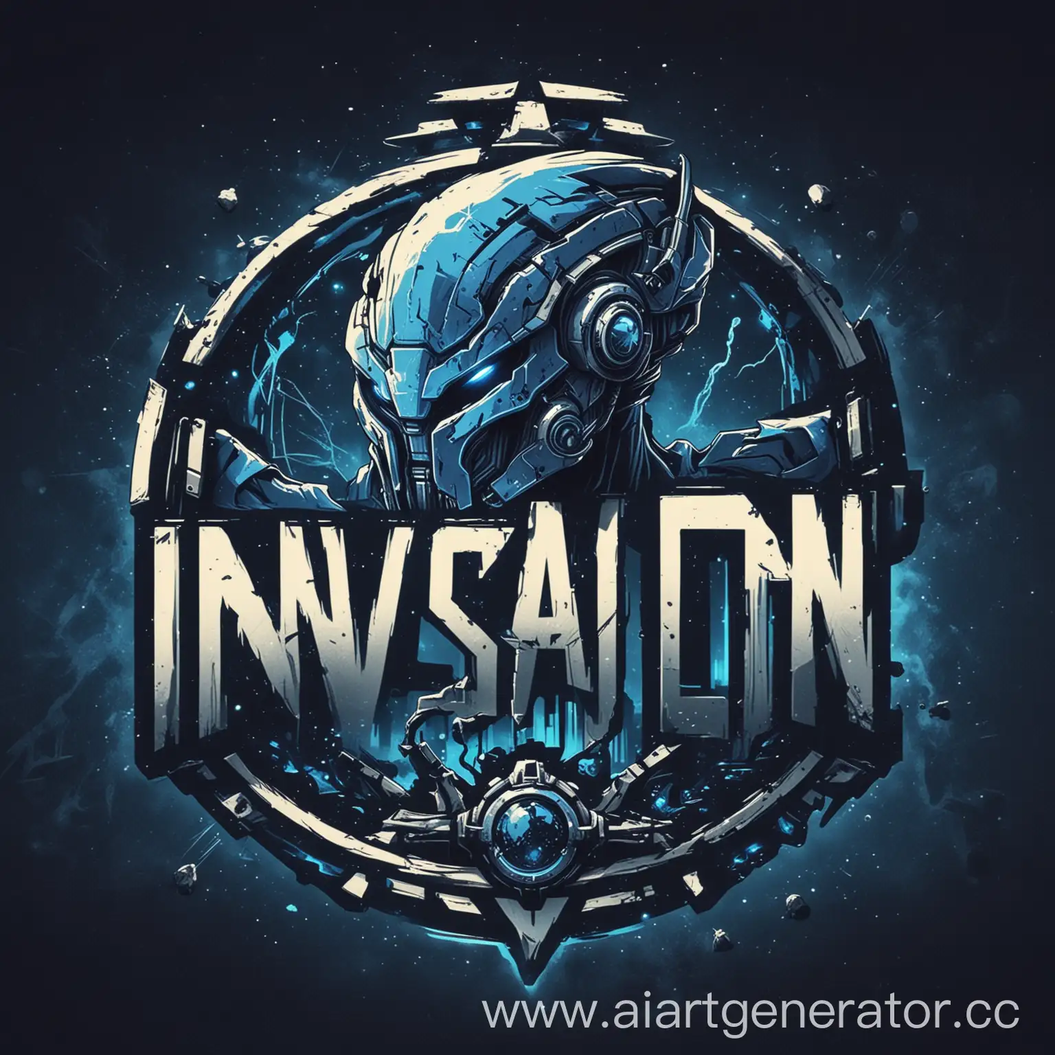 Нарисуй логотип для игрового проекта в тематике Sci-fi и названием Invasion в голубых цветах