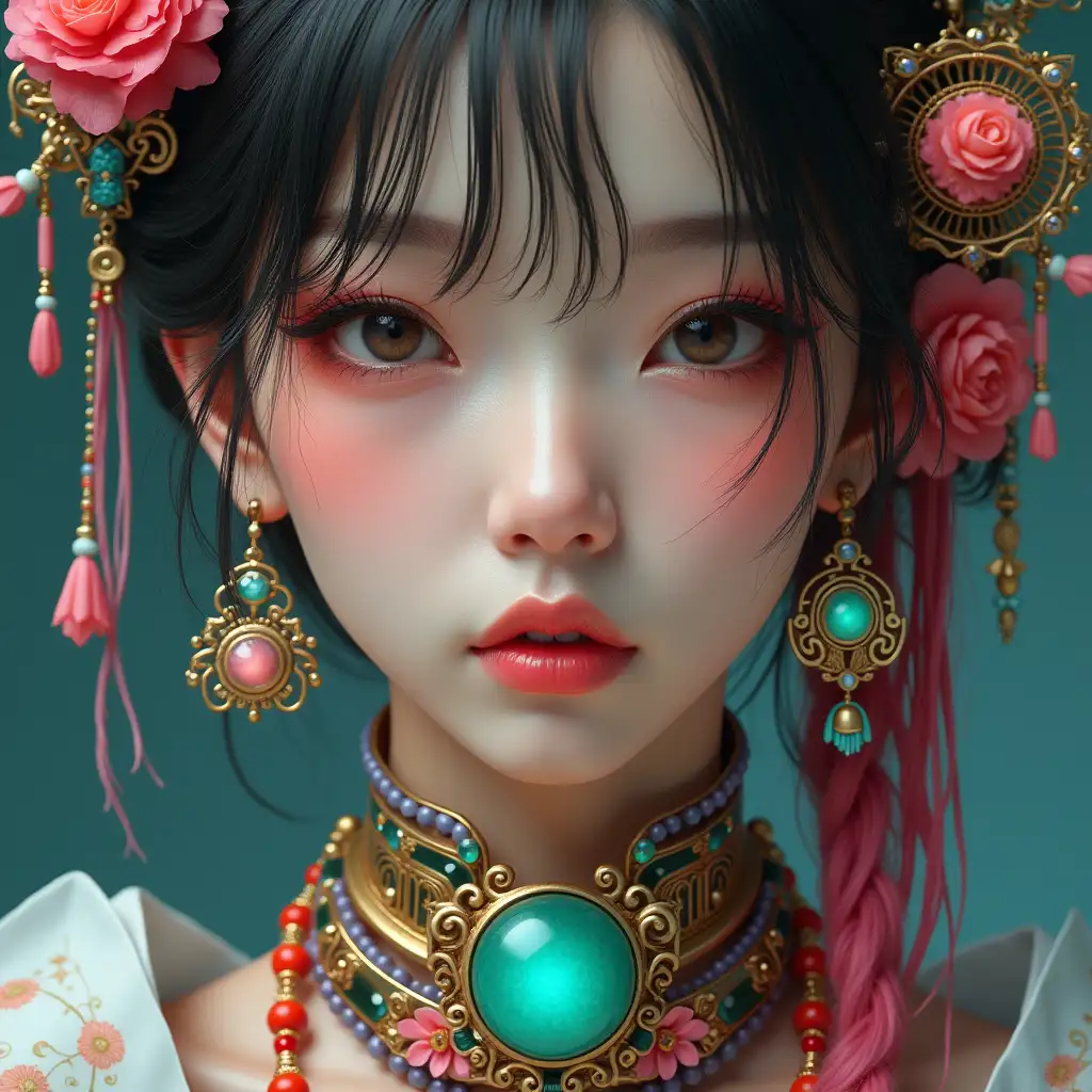 Hyperrealistic portrait of a beautiful Japanese woman wearing intricately detailed, colorful and futuristic jewelry.