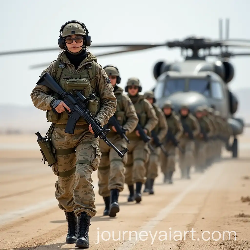 Russian-Female-Military-Officer-with-AK47-Walking-Towards-Helicopter-at-Desert-Airfield