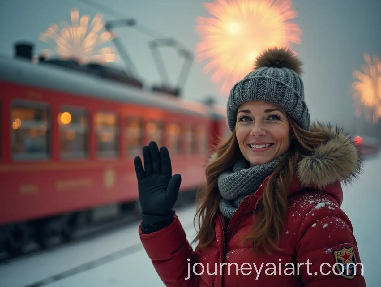 Soviet-Style-Winter-Postcard-with-Woman-Train-and-Fireworks