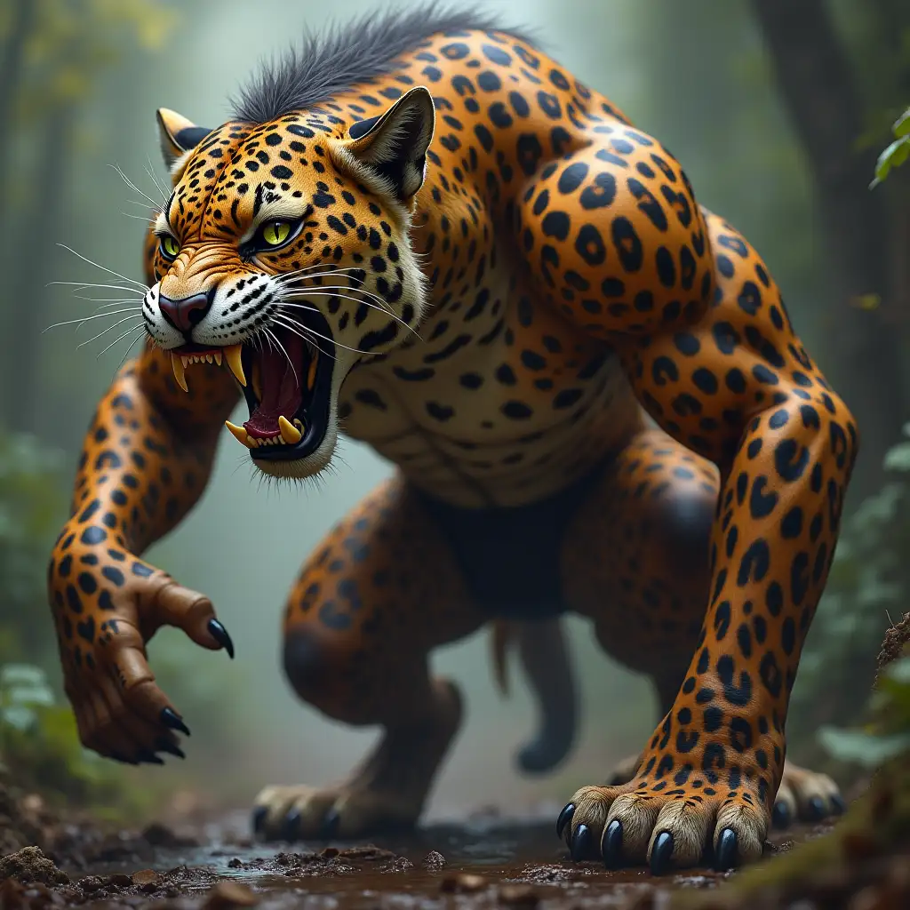 athletic, male warrior in the guise of a jaguar werewolf, stands in an aggressive pose and looks hungrily at his prey, its jaws open wide, eyes filled with blood, fur standing on end, more like a jaguar image, natural jaguar color, spots bigger