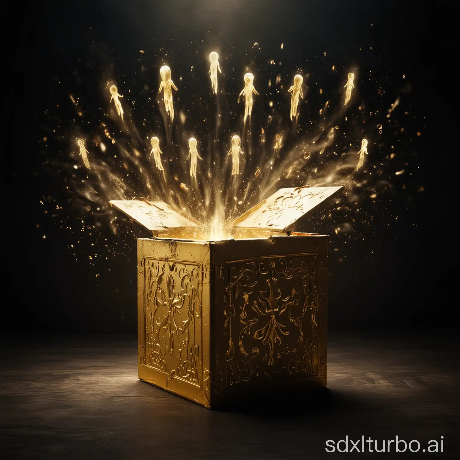 mystical golden box dark background with spirits coming out from inside