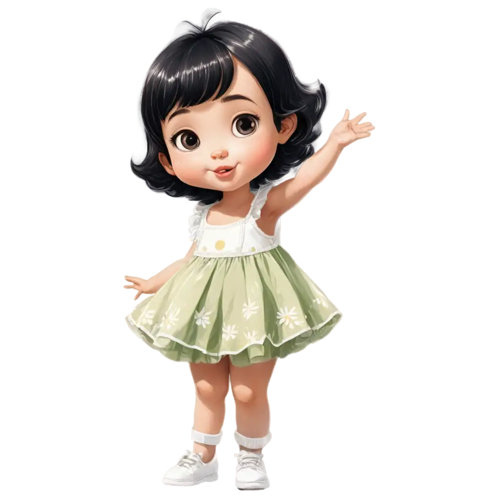 PNG-Baby-Dressed-as-Daisy-White-Illustration-with-Short-Black-Hair-and-Big-Cheek-Adorable-Full-Body-Portrait