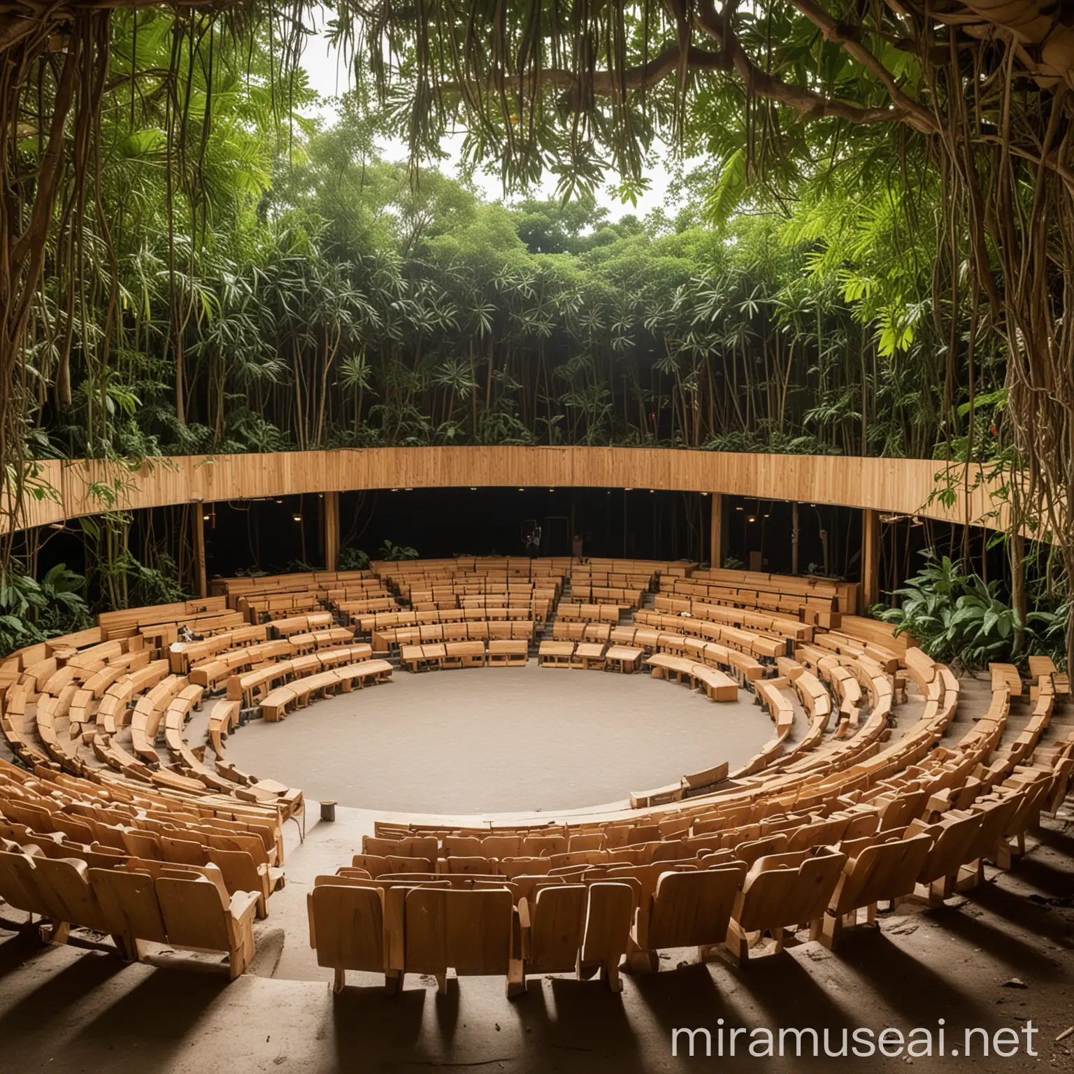 Wooden SemiCircular Auditorium in Jungle with Students and Families